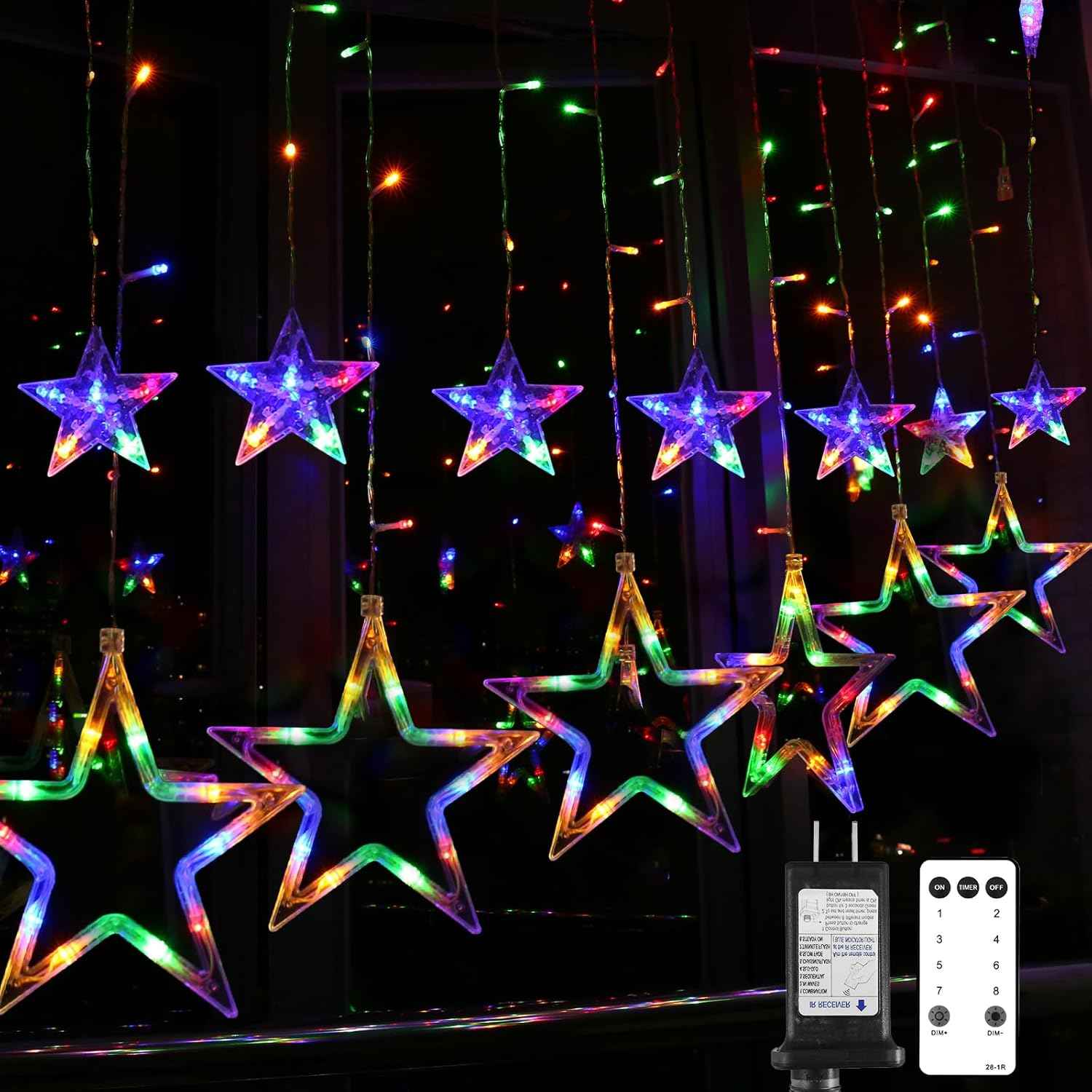 Blingstar Star Curtain Lights 138 LED 12 Star 30V UL Certified Low Voltage Flameless Christmas Lights 8.2 Ft for Safe Indoor Use Around Kids and Pets