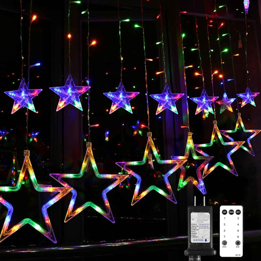 Blingstar Star Curtain Lights 138 LED 12 Star 30V UL Certified Low Voltage Flameless Christmas Lights 8.2 Ft for Safe Indoor Use Around Kids and Pets