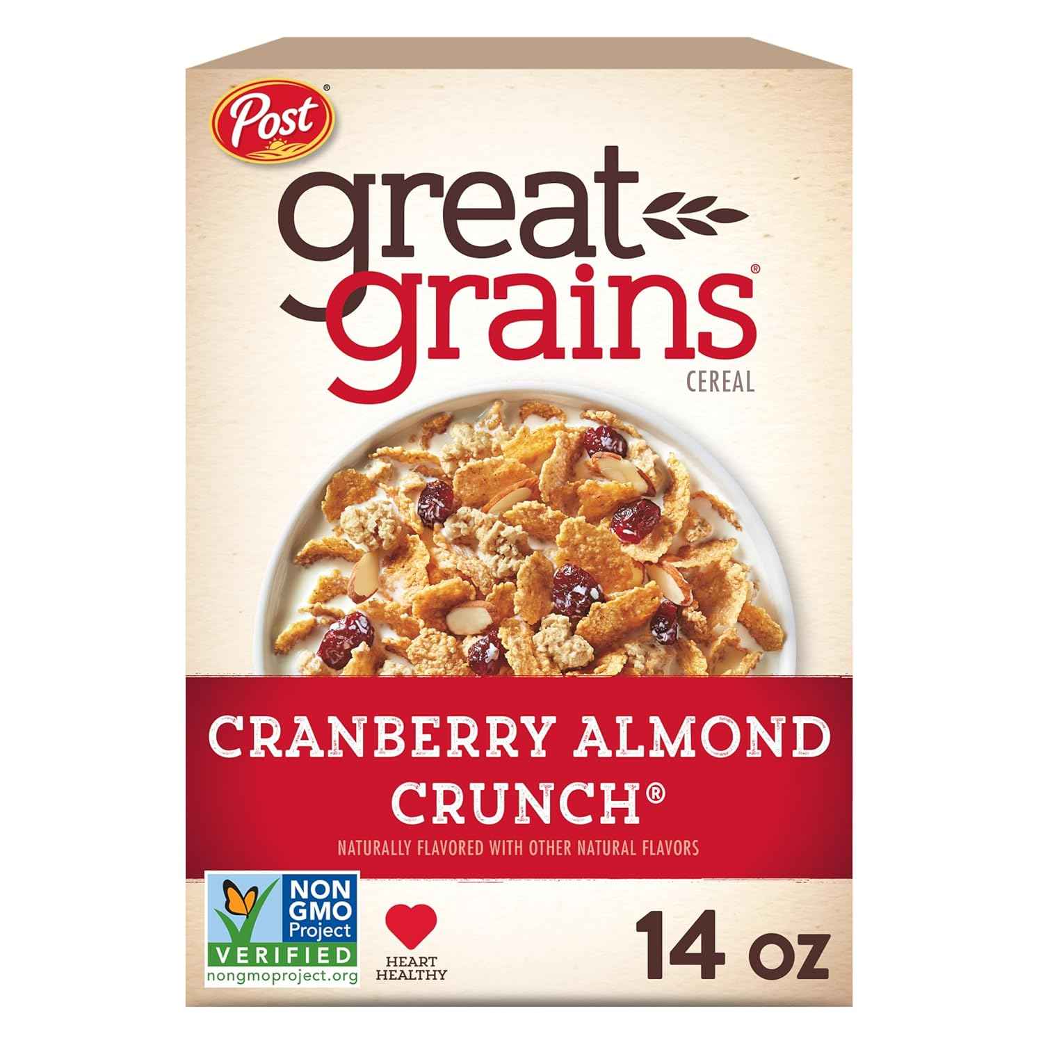 Great Grains Cranberry Almond Crunch Cereal – High-Fiber Non-GMO Cereal for Clean-Label Wellness Pantries, 14 oz