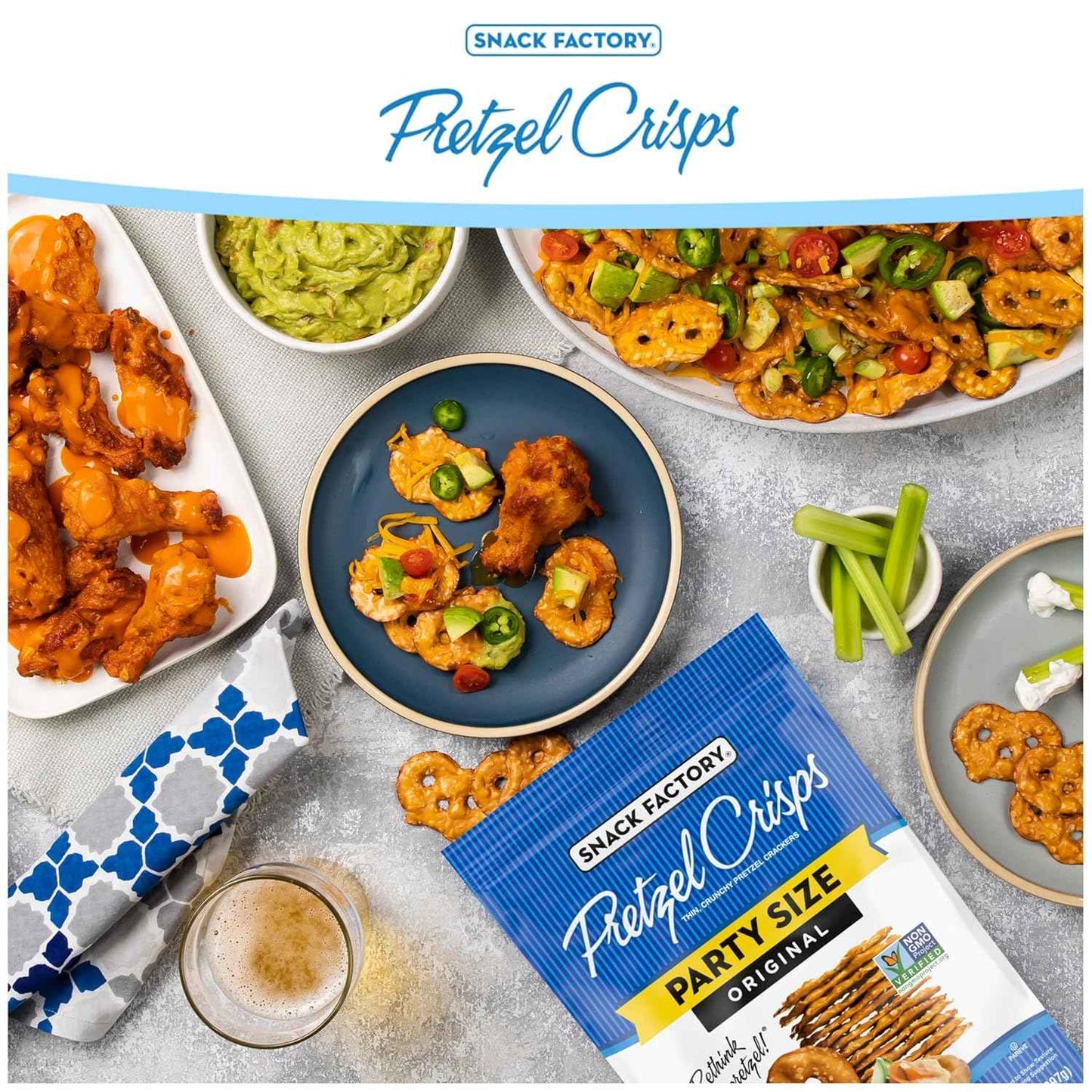 Snack Factory Pretzel Crisps Original Non-GMO 14 oz Party Size Bag for Backyard Patio and Picnic Dipping