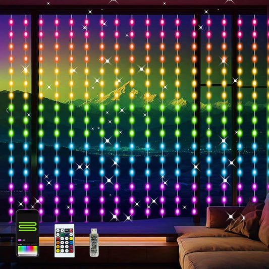 144 led curtain string lights on 8ft x 6ft drape with 5050 rgb built-in chip