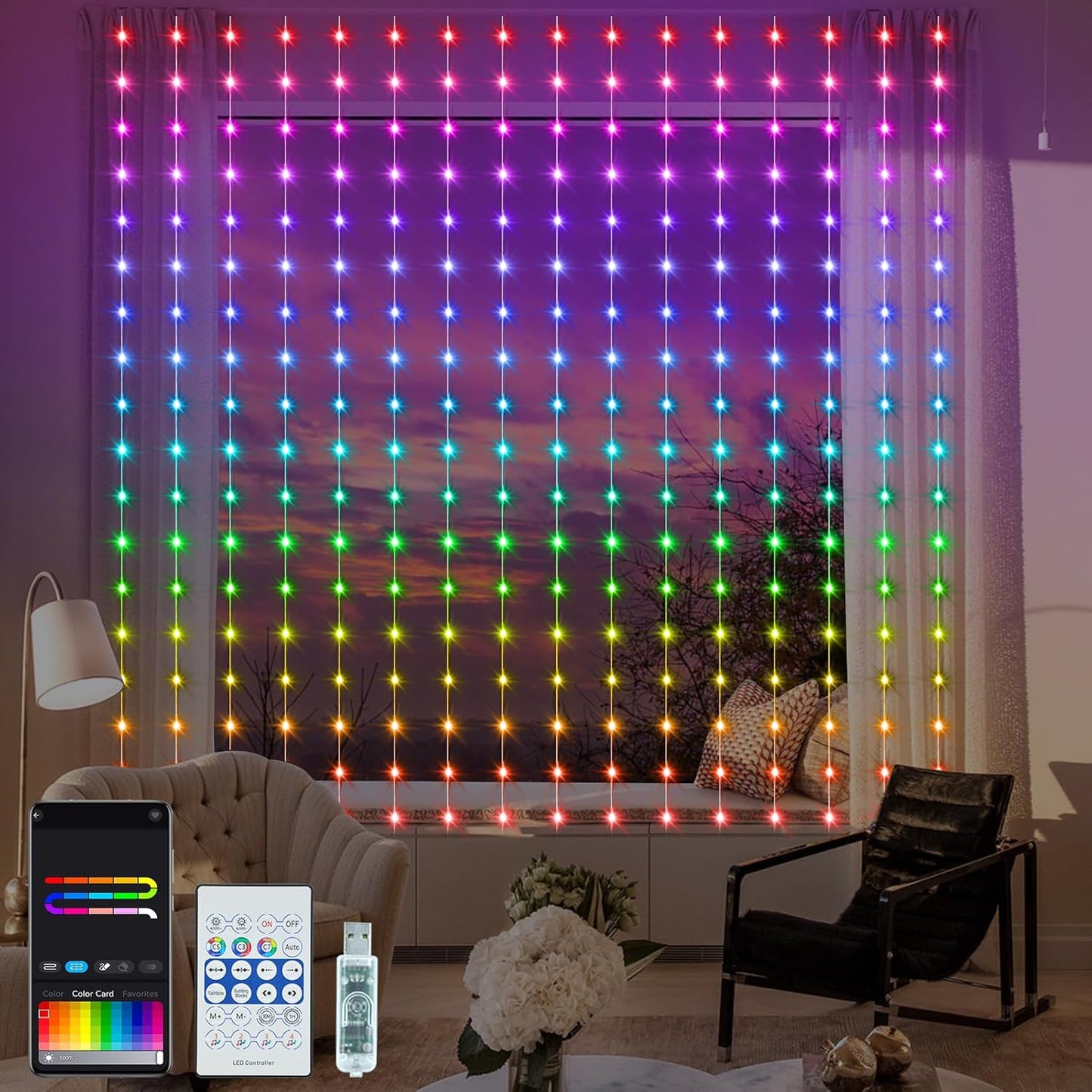 144 rgb 5050 led beads across 8 strings (8ft x 6ft coverage)