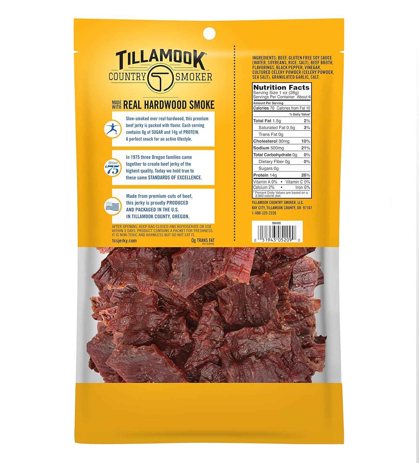 Tillamook Country Smoker Zero Sugar Beef Jerky, Black Pepper, 6.5 Ounce — Mindful Protein for Anti-Inflammatory and Low-Carb Lifestyles