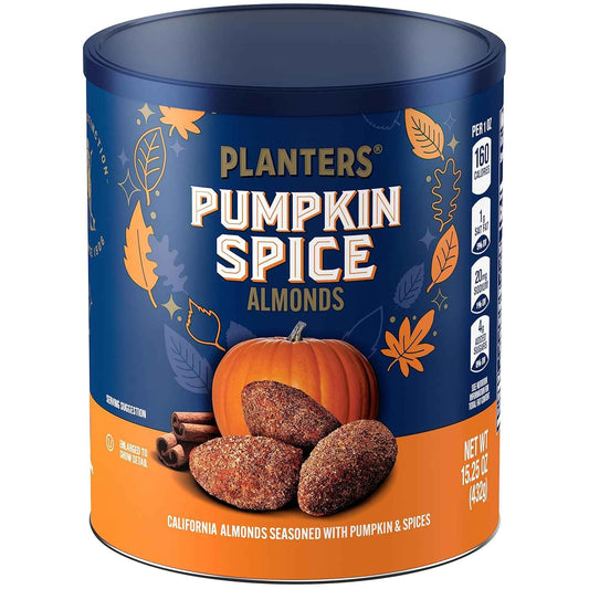 PLANTERS Fall Edition Pumpkin Spice Almonds 15.25 oz Canister – Cozy Self-Care Evening Snack for Mindful Wind-Down Routines, Plant-Based Protein Treat for Relaxing at Home