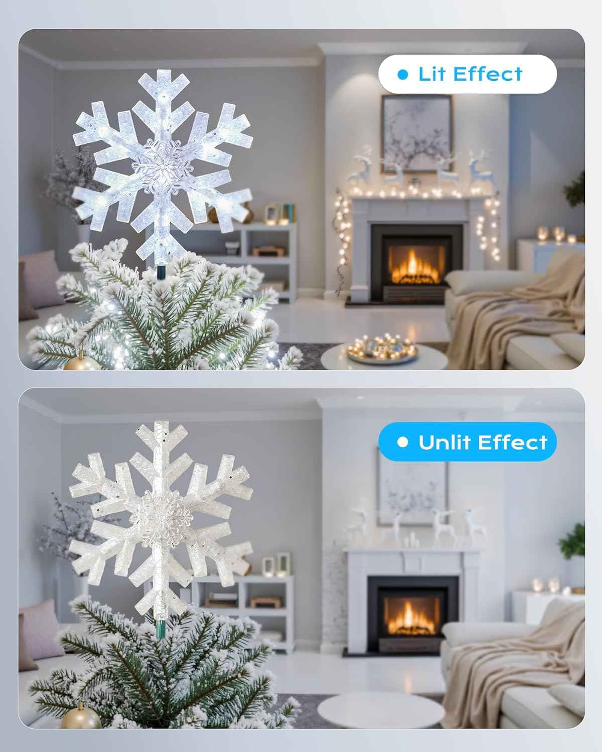 Brightown Snowflake Tree Topper with Lights – UL-Certified Flameless Holiday Decor, Cool White Bulbs with Backup Fuse for Indoor Safety