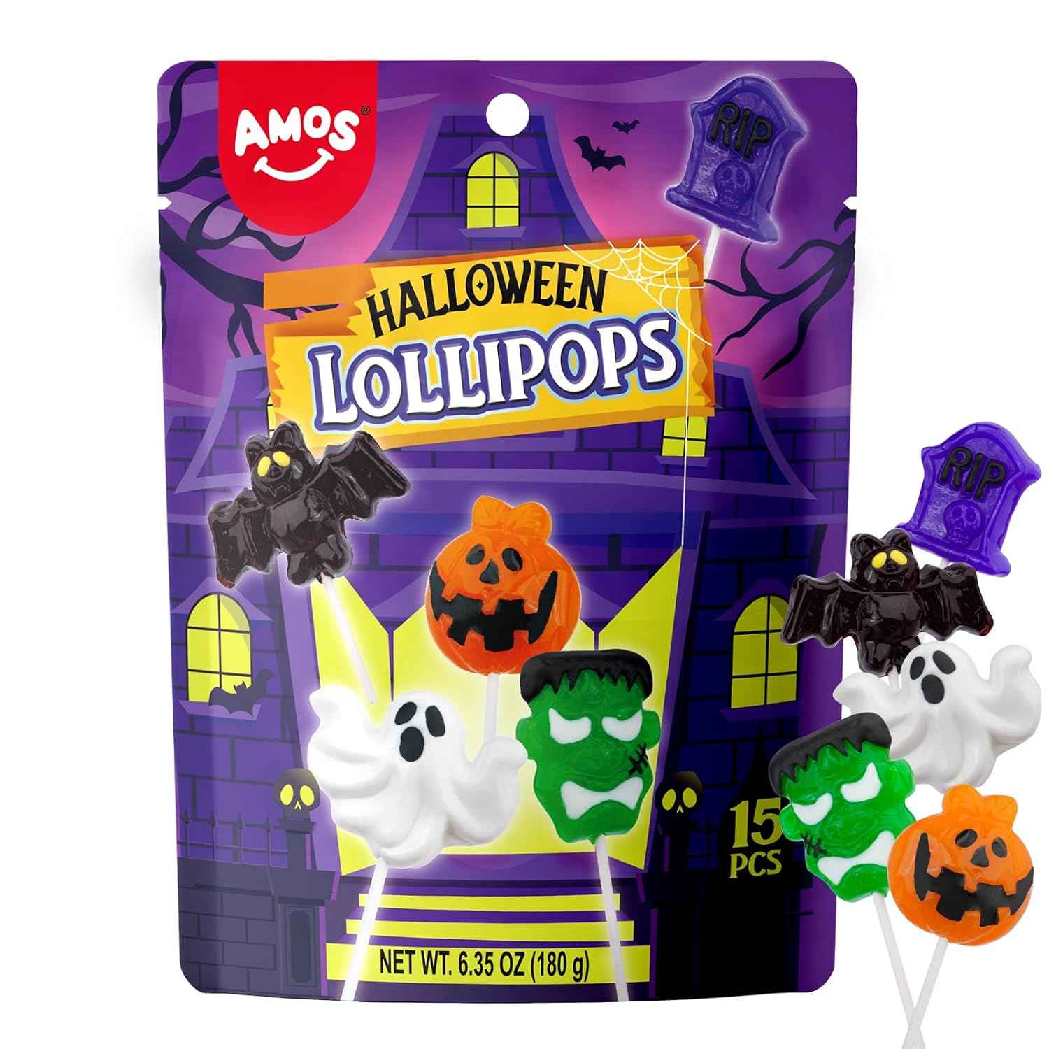 Amos Kids Halloween Candy Lollipops – Pre-Portioned 15ct Monster Suckers for Playroom Treat Bowls, School Party Tables & Trick-or-Treat Night