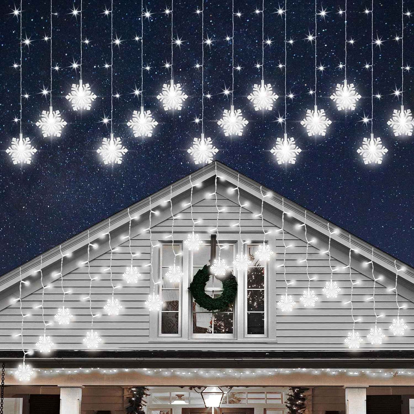 Lumiluxe Snowflake Drop Lights – Backyard Fence and Awning Decor, Linkable 150 LED for Large Coverage