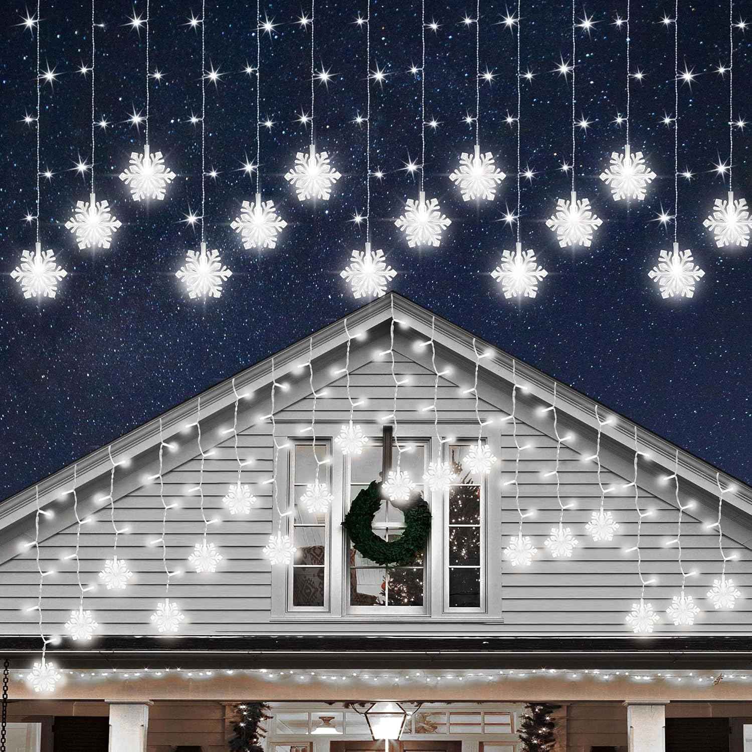 Lumiluxe Snowflake Drop Lights – Backyard Fence and Awning Decor, Linkable 150 LED for Large Coverage
