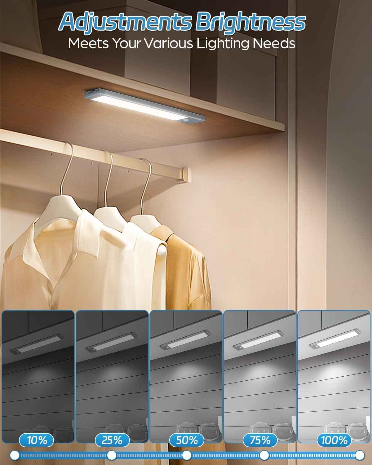 HIBOITEC Slim Motion Bar Light – Minimalist Under-Cabinet Lighting, Brushed Aluminum Rechargeable LED 2-Pack