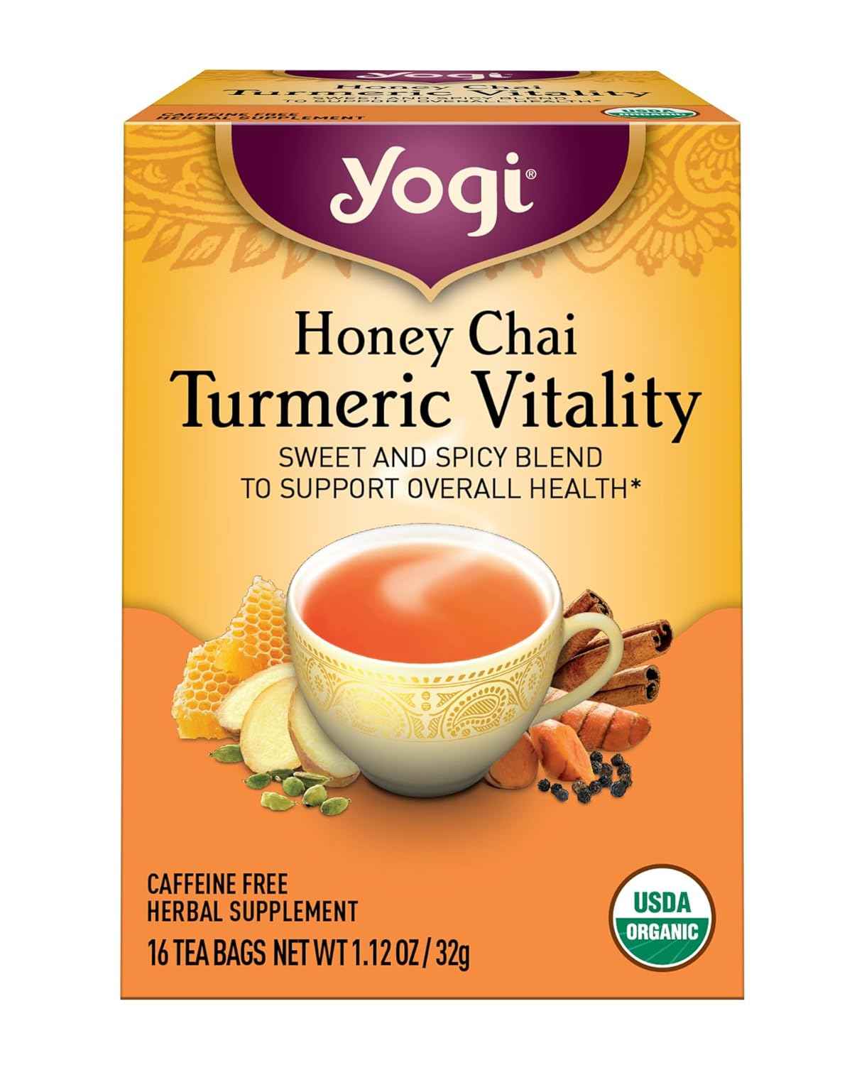 Yogi Tea Honey Chai Turmeric Vitality – Caffeine-Free Focus Brew for Home Office and Long Study Sessions