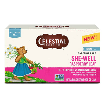 Celestial Seasonings SheWell Raspberry Leaf Tea – Hormone-Balancing Cup for Evening Self-Care Ritual, Caffeine-Free Herbal Blend