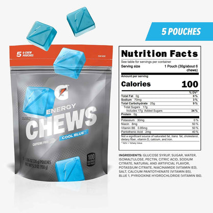 Gatorade Energy Chews Cool Blue – Type 1 Diabetic Hypoglycemia Rescue Chew, Fast-Acting Glucose Alternative in 100 Calorie Pouches
