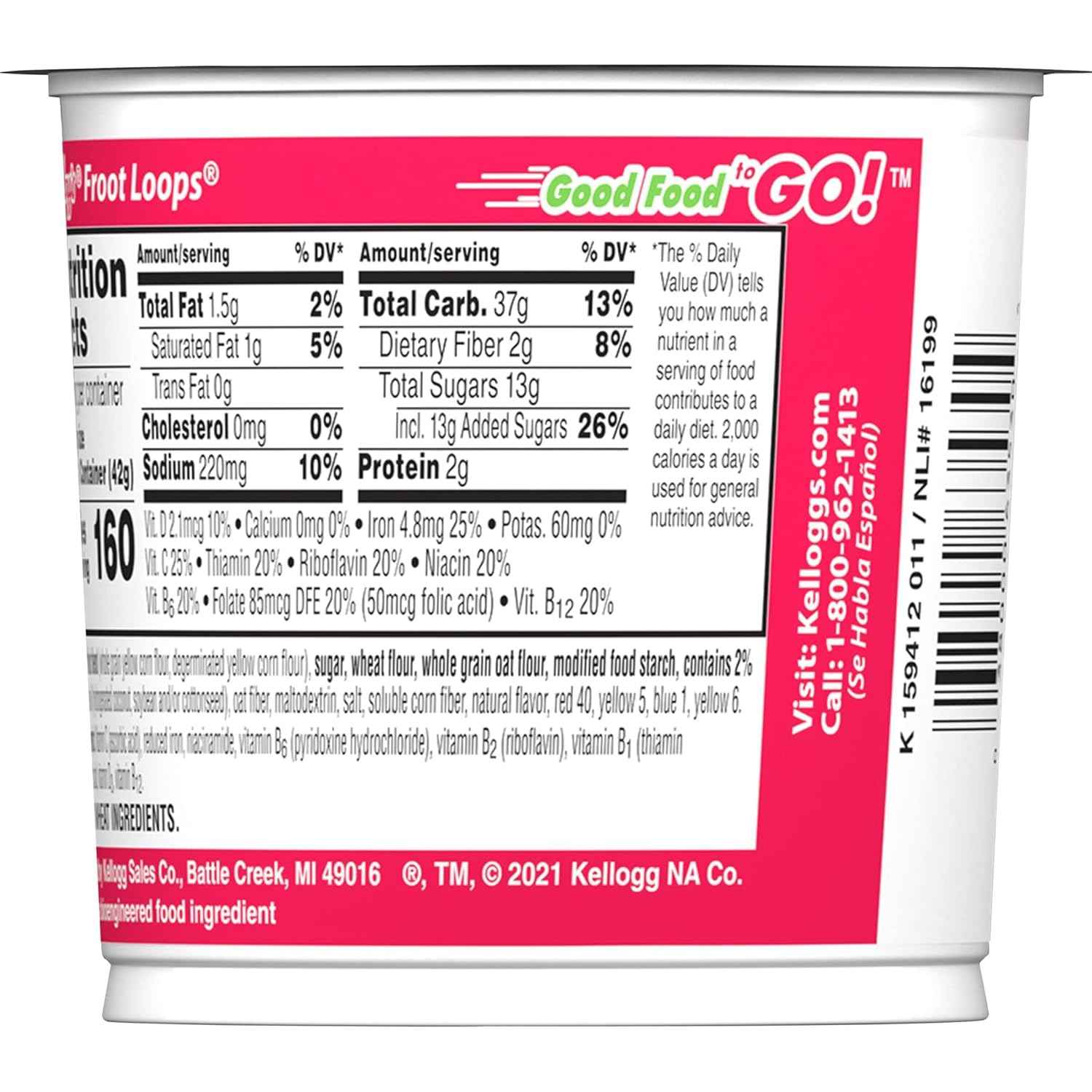 Kellogg's Froot Loops Cereal Cups – Lunchbox Snack for Kids, 12 Single-Serve 1.5oz Cups