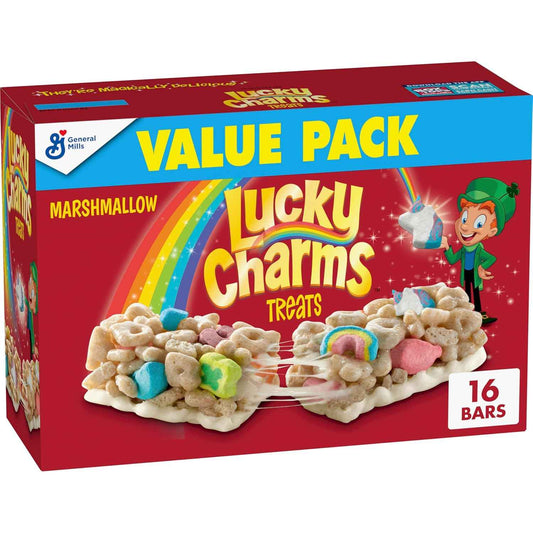 Lucky Charms Breakfast Cereal Treat Bars – Lunchbox Snack for School-Age Kids, Individually Wrapped Value Pack of 16