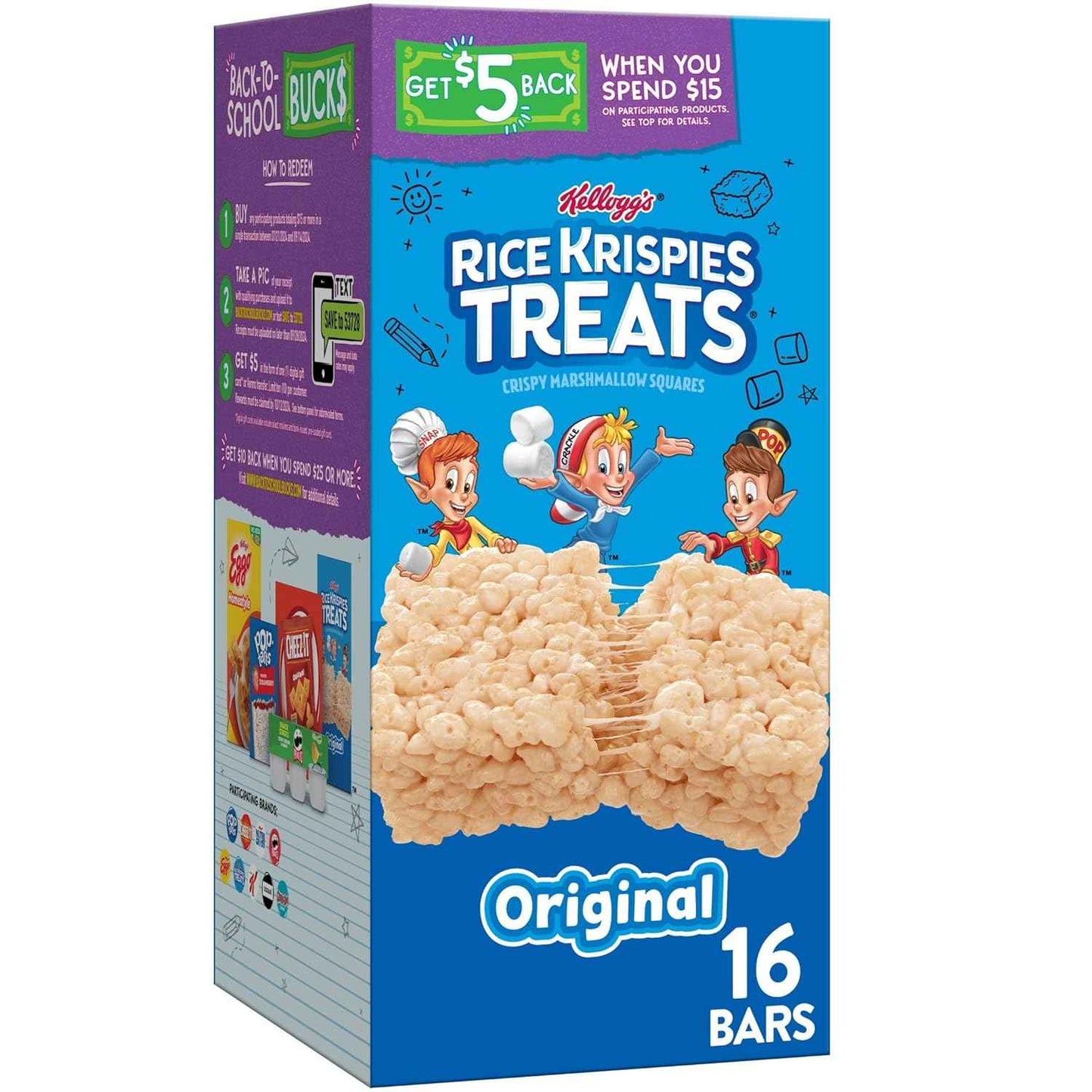 Kellogg's Rice Krispies Treats Crispy Marshmallow Squares – Care Package Snack Bar Filler for College Students, 12.4oz Box of 16