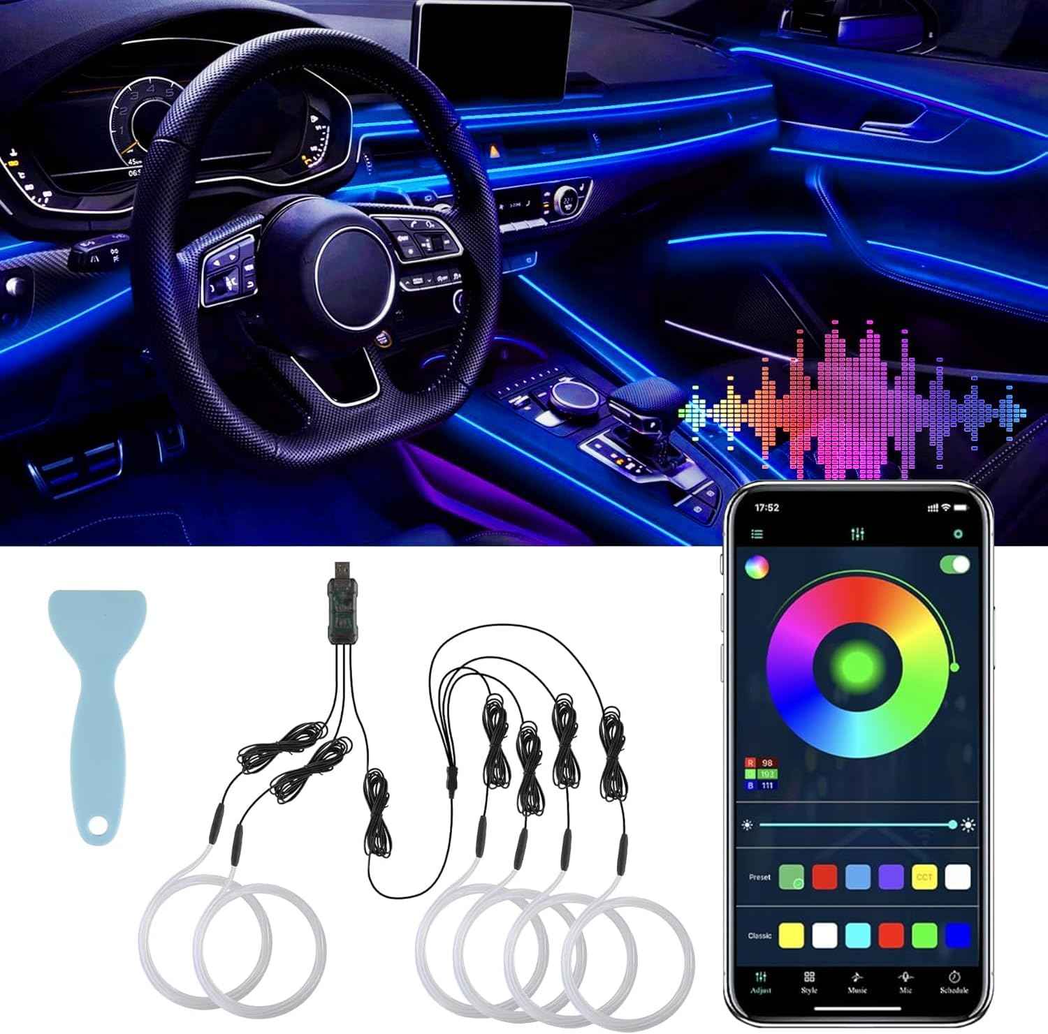 LivTee Smart Car Interior LED Lights – Unique Birthday Gift for Her, App Controlled Ambient Lighting for Car