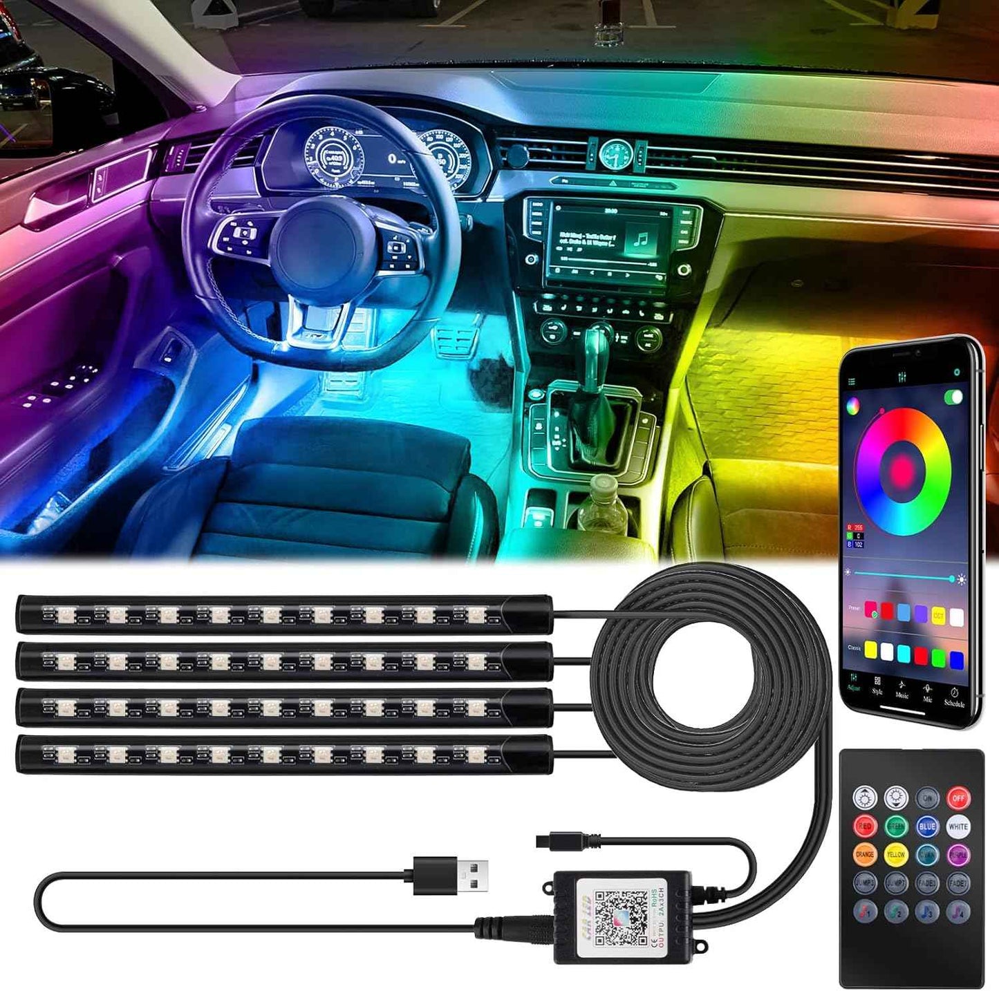 LED Car Interior Lights, Valentine's Day Gift for Car Lovers, 16 Million Color Music Sync Strip Lights with USB & Cigarette Lighter Adapter