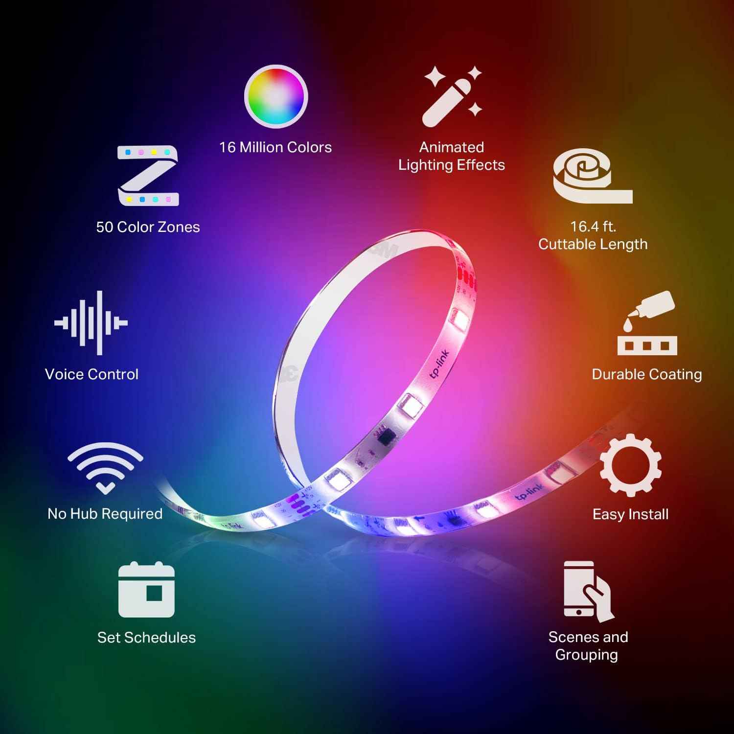 Kasa Smart LED Light Strip 50 Zones RGBIC – Wind-Down and Wake-Up Lighting Schedule, 16.4ft Dimmable Strip for Bedtime Routine