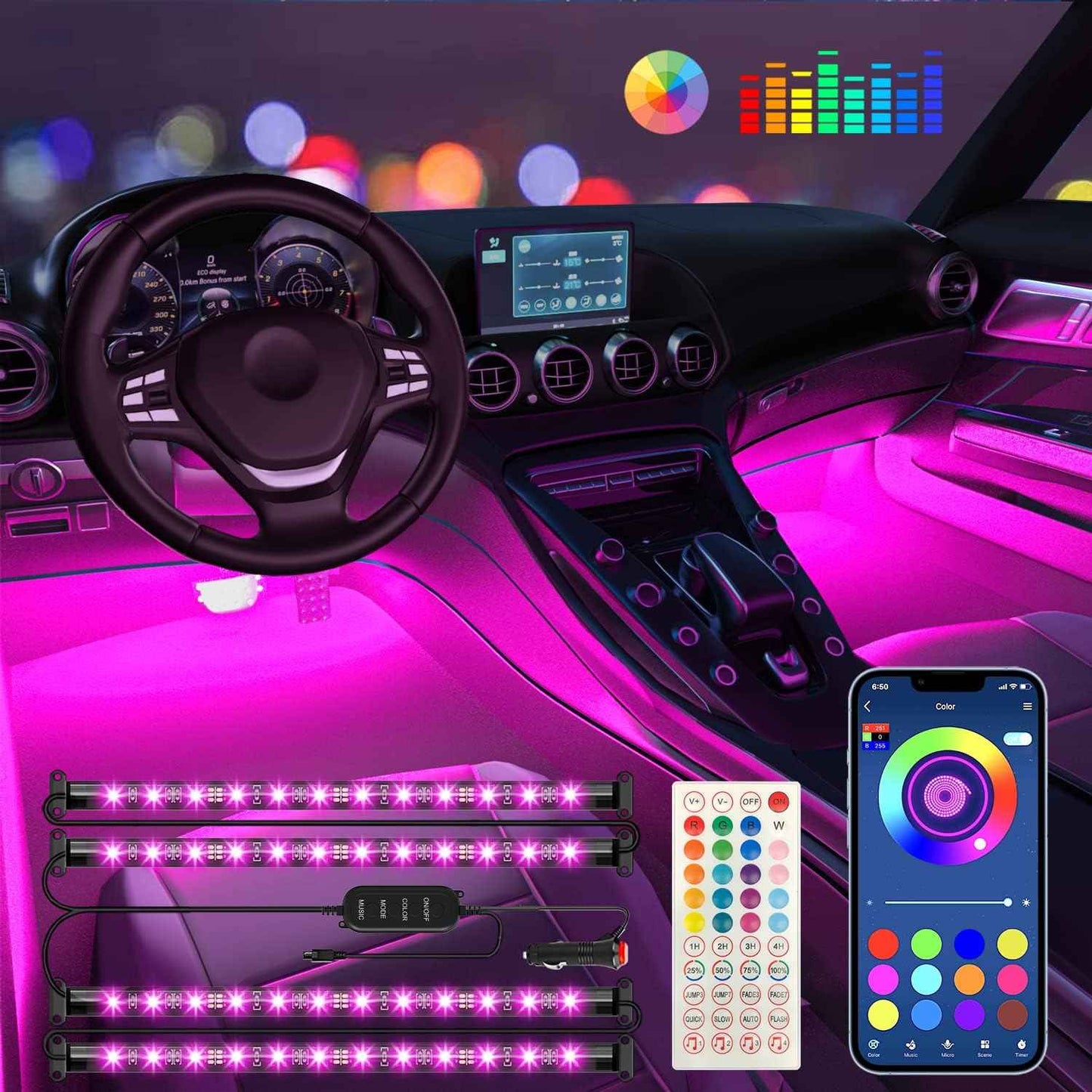 Keepsmile Premium Interior Car Lights – High End RGB Cabin Lighting, 16M Colors with App and RF Remote