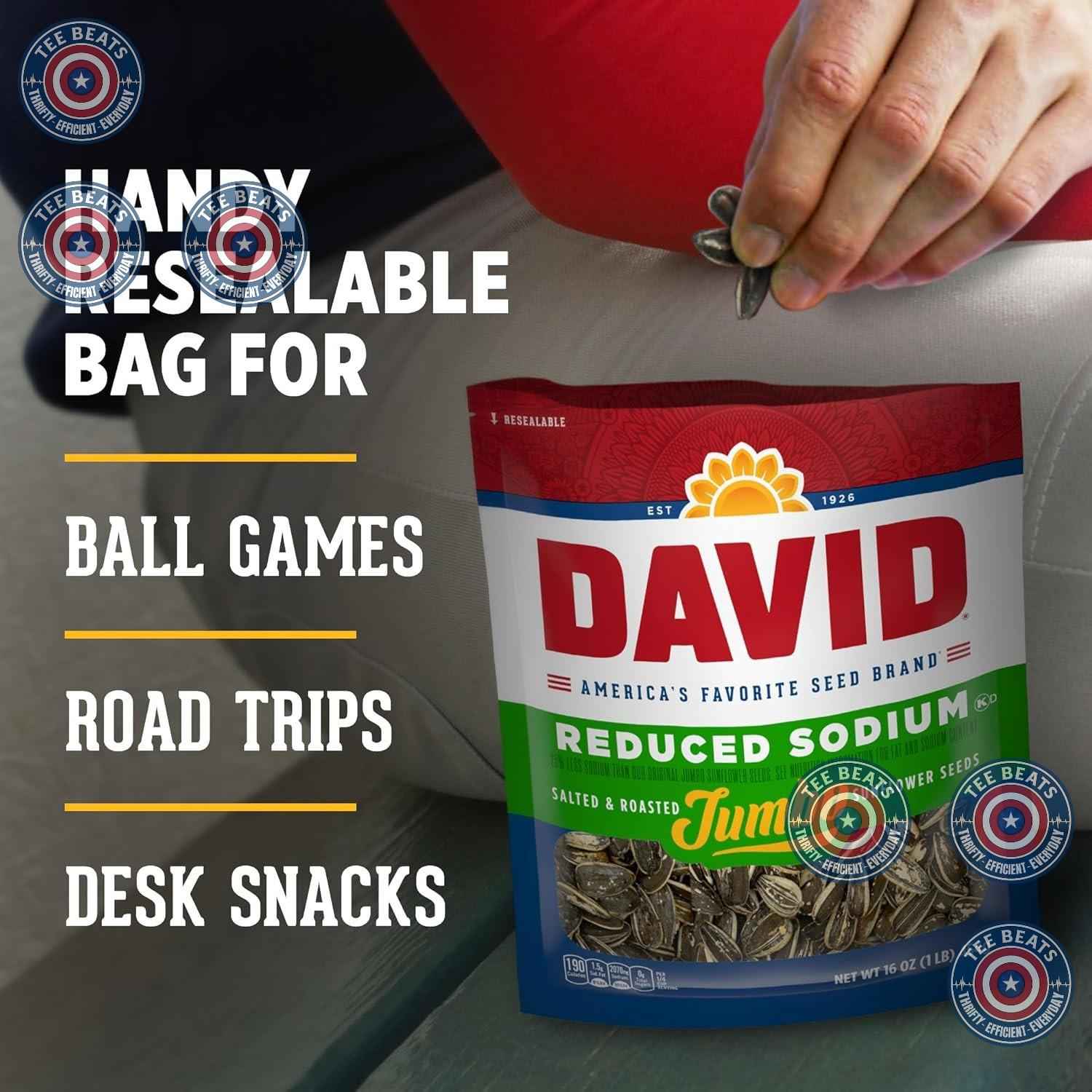 DAVID Roasted and Salted Low Sodium Seeds – Protein-Packed Break Room Snack for Office Workdays, 16oz