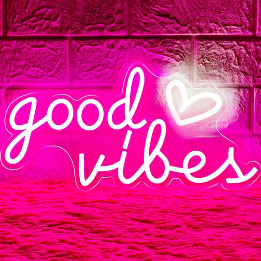 Good Vibes Neon Sign – Safe LED Wall Light for Girls Bedroom, Cool-to-Touch Heart Sign for Playroom