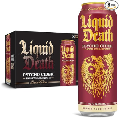 Liquid_Death,_Psycho_Cider_Sparkling_Water,_Apple_Cider_Flavored_Sparkling_Beverage_Sweetened_With_Real_Agave,_Low_Calorie_&_Low_Sugar,_8-Pack_(King_Size_19.2oz_Cans)