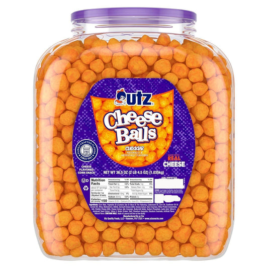 Utz_Cheese_Balls_Barrel,_Tasty_Snack_Baked_with_Real_Cheddar_Cheese,_Delightfully_Poppable_Party_Snack,_Gluten,_Cholesterol_and_Trans-Fat_Free,_Kosher_Certified,_36.5_Oz