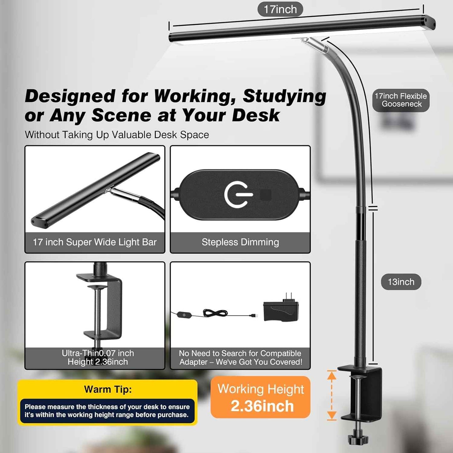 Minimalist Desk Lamp – Slim LED Monitor Light in Neutral Gray, Stepless Dimming Home Office Fixture