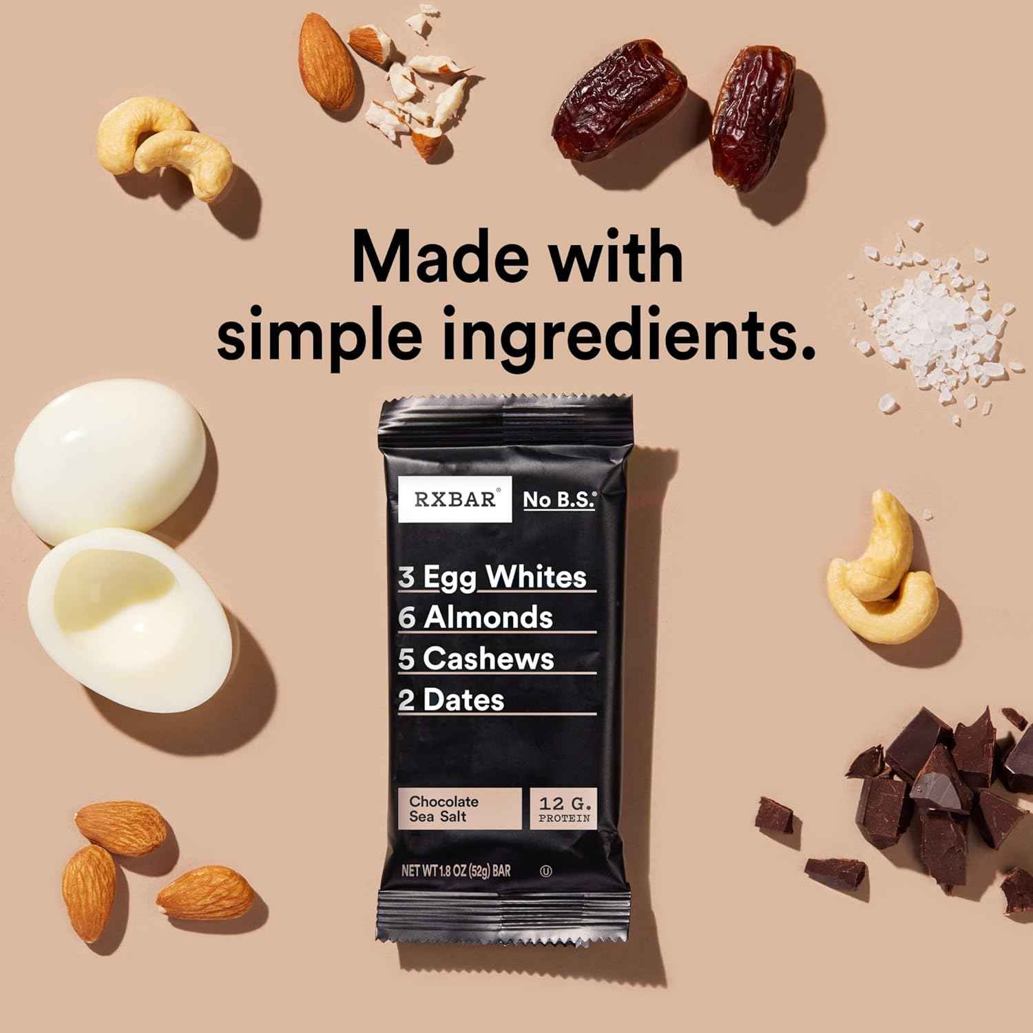 RXBAR Chocolate Sea Salt Protein Bars – 12g Protein Desk Snack for Office Focus and Afternoon Productivity, 10 Count