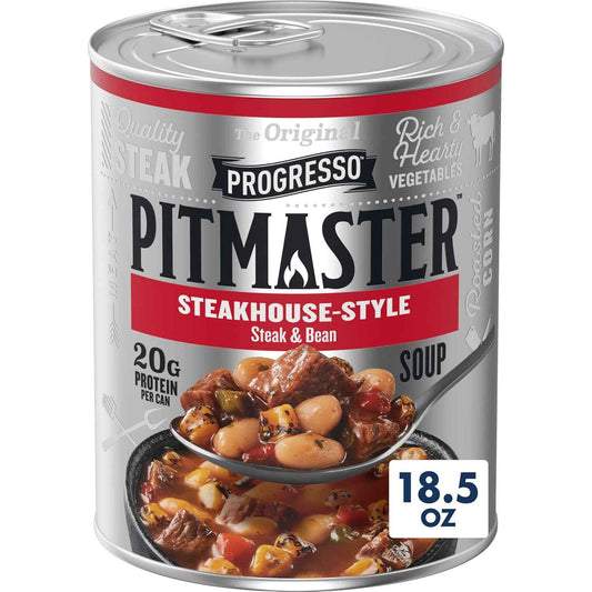 Progresso Pitmaster Steakhouse Style Steak and Bean Soup – Shelf-Stable Camping and Cabin Meal, No Refrigeration Needed