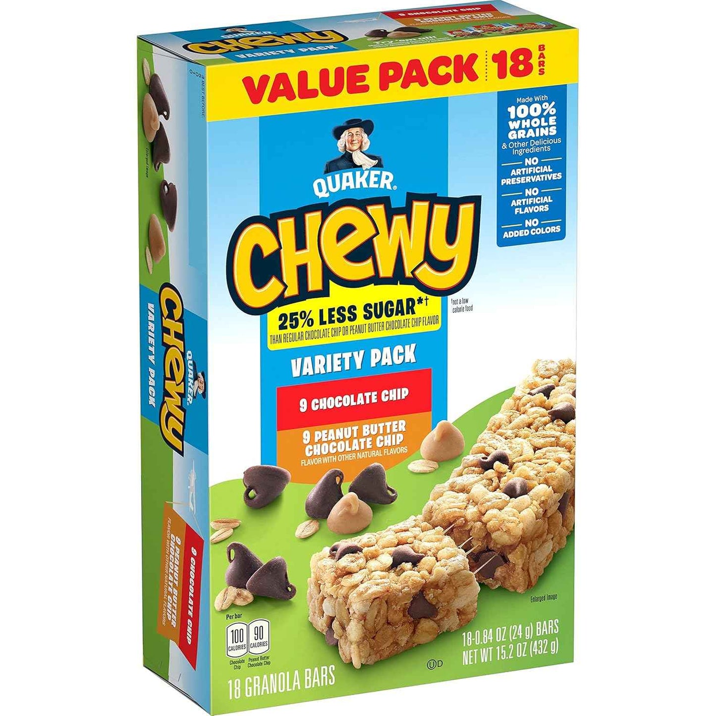 Quaker Chewy Granola Bars 25% Less Sugar – Better-for-You Snack for Home Office and Gym Bag, 18 Bars