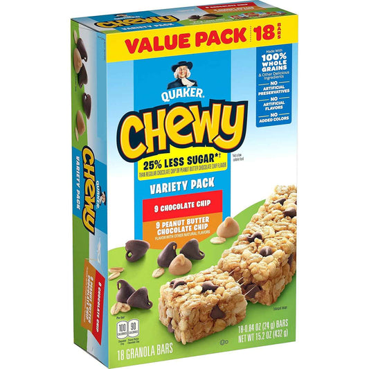 Quaker Chewy Granola Bars 25% Less Sugar – Better-for-You Snack for Home Office and Gym Bag, 18 Bars