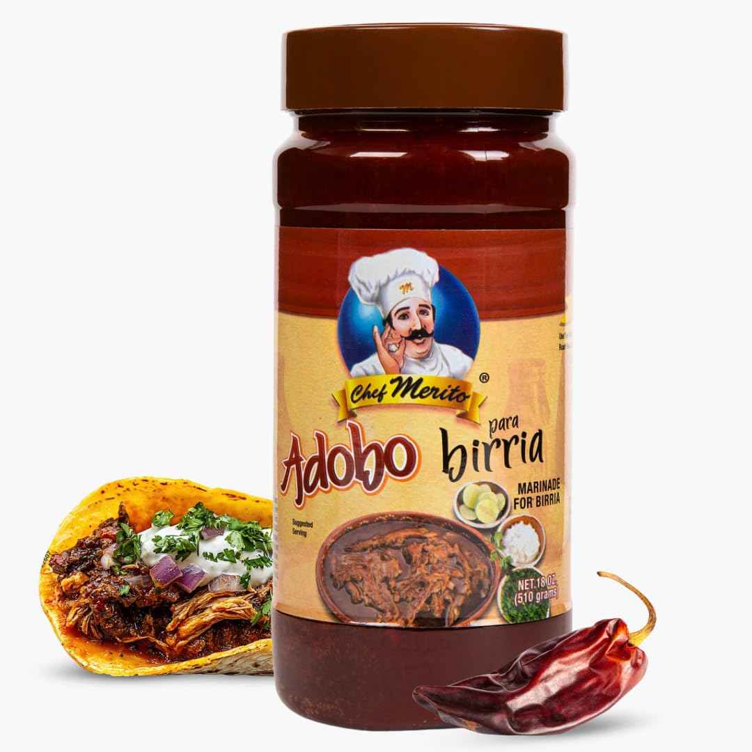 Chef Merito Birria Marinade | Camping and Tailgate Marinade for Tacos on the Go | Mild Heat, Resealable 18 oz Jar