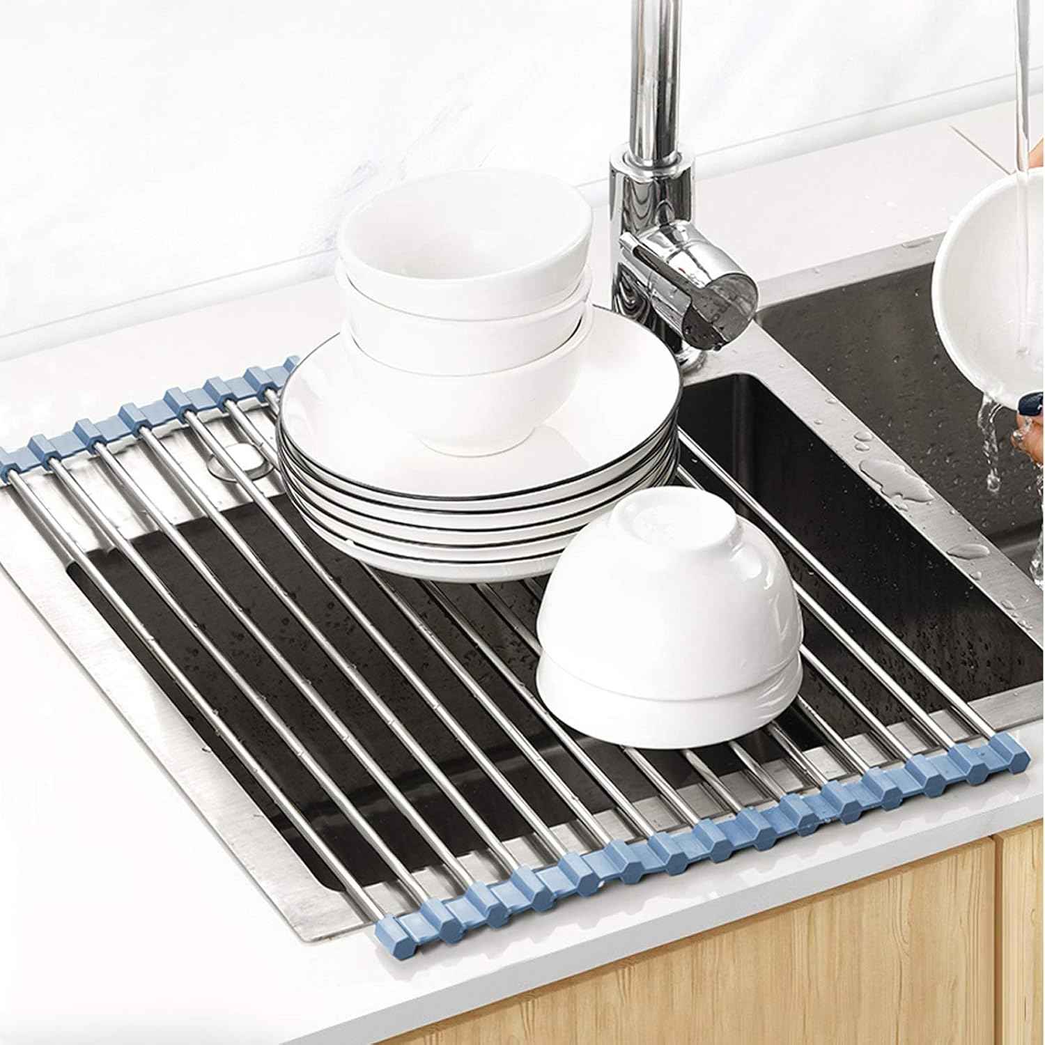 MECHEER Roll-Up Sink Drying Rack – Minimalist Kitchen Counter Organizer for Dishes and Produce