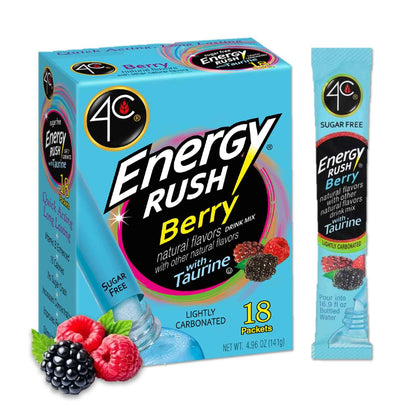 4C Energy Rush Stix Berry – Compact Desk Friendly Hydration with No Bulky Bottles, 18 Single Serve Powder Packets