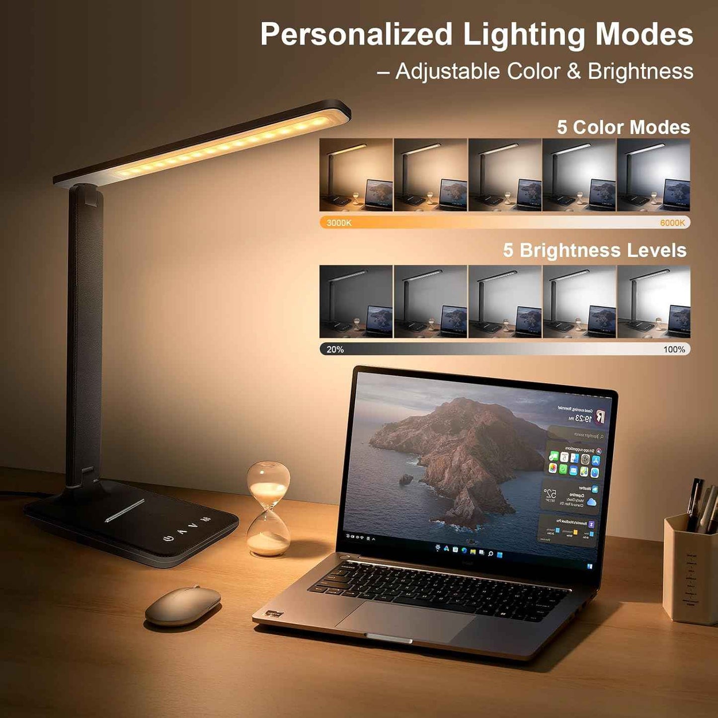 shinelife LED Desk Lamp – Slim Minimalist Task Light for Small Apartment Desk, USB Charging Built-In