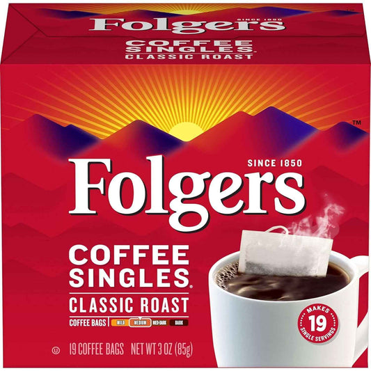 Folgers Coffee Singles – Quick Desk-Side Coffee for Focused Work Mornings, 19 Count Box