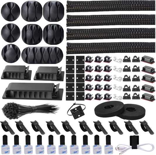 192 pieces across 6 categories: 4 sleeves, 35 clips, 11 cord holders, 100 fastening ties, 2 adhesive tie rolls, 20 zip tie mounts, plus 20 reusable wire ties