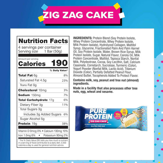 Pure Protein Zig Zag Cake Protein Bars – Lunchbox-Friendly Snack for School and After-School, Gluten Free Protein Bar