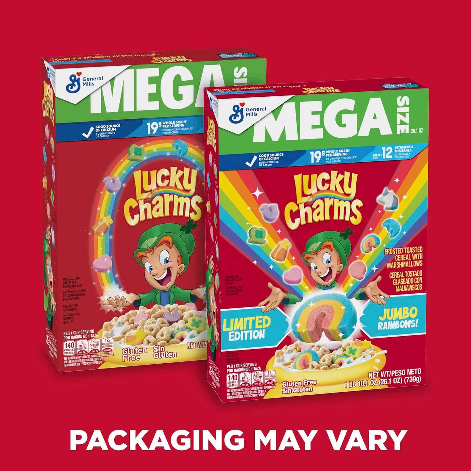 Lucky Charms Gluten Free Cereal with Marshmallows – Fun Kids Breakfast for the Family Table, Limited Edition Jumbo Rainbows, Mega 26.1 oz Box
