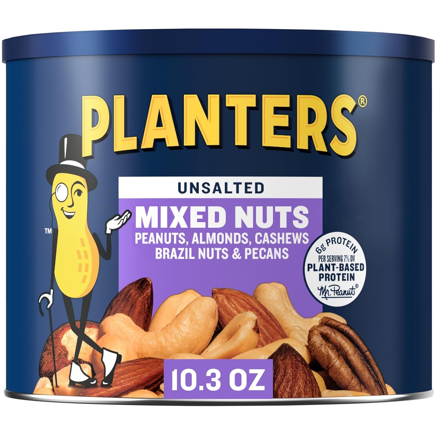 PLANTERS_Mixed_Nuts_Unsalted,_Party_Snacks,_Plant-Based_Protein,_10.3_oz_Canister