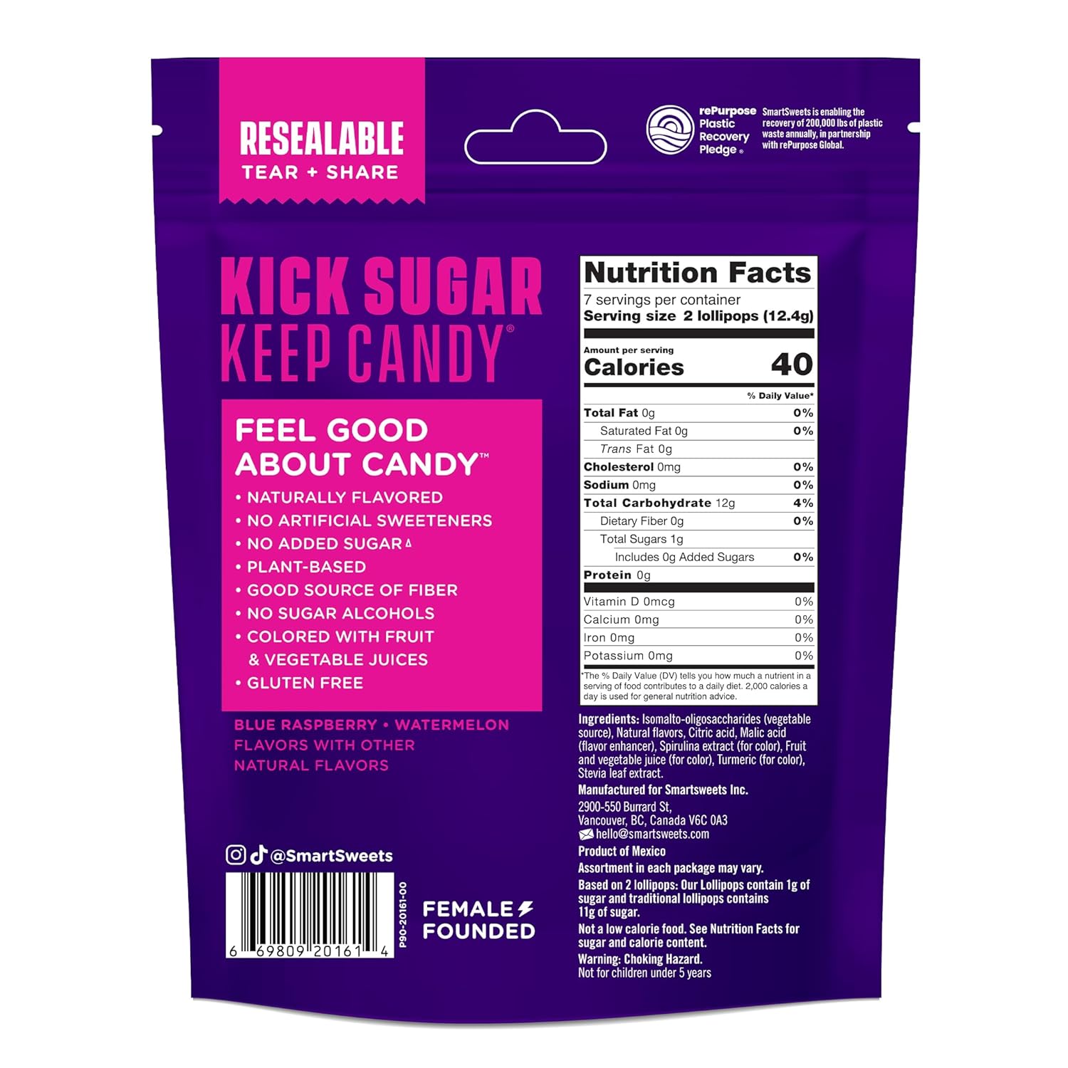 1g of sugar per 2 lollipops — 88% sugar reduction vs. traditional candy equivalent