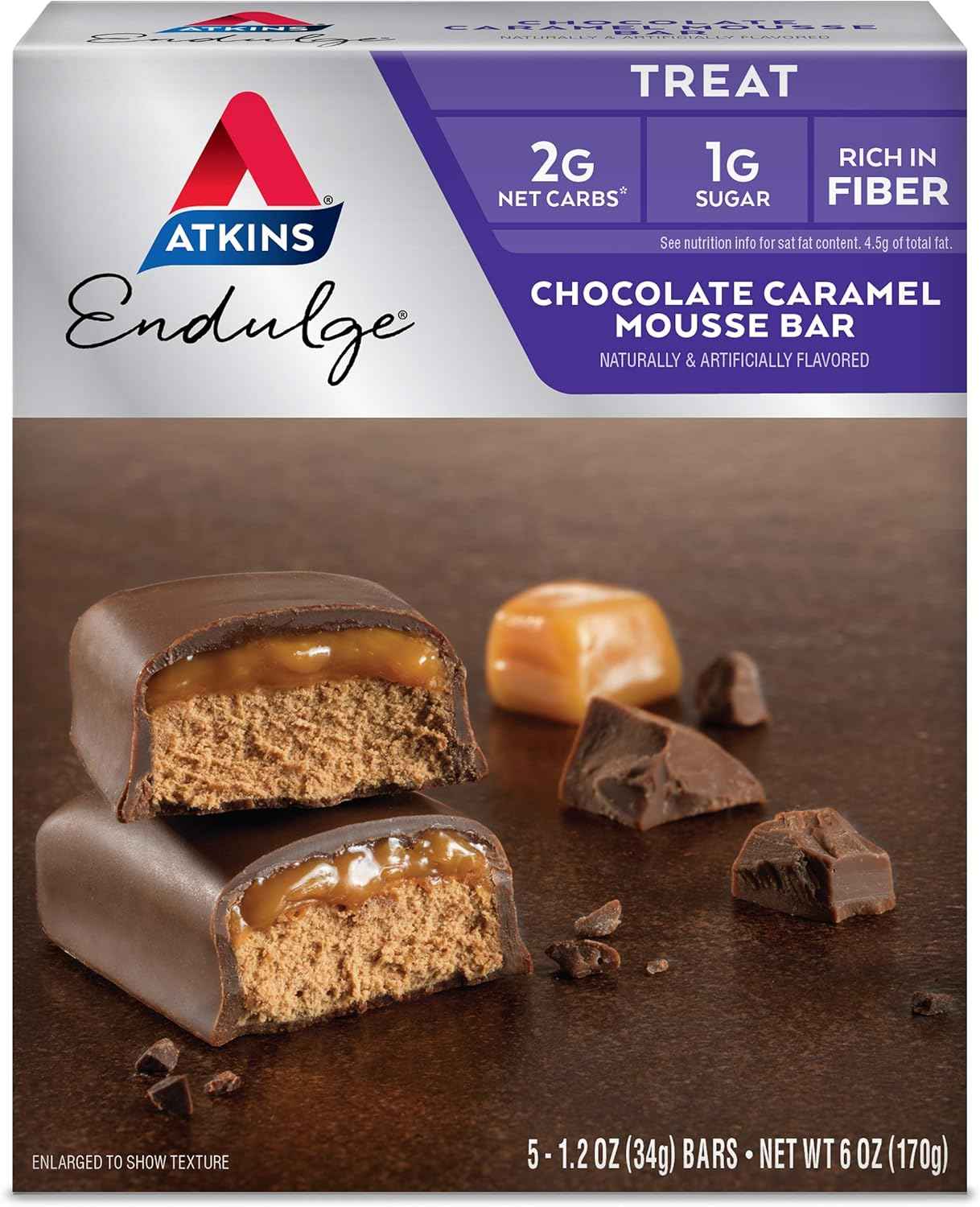 Atkins Endulge Chocolate Caramel Mousse Bar – Wellness Pantry Snack with 8g Fiber and 100 Calories, 5 Count