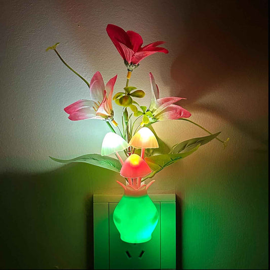 MushroomBloom Decorative Plug-in Night Light – Mushroom and Lily Flower Accent Lamp for Bedroom and Living Room