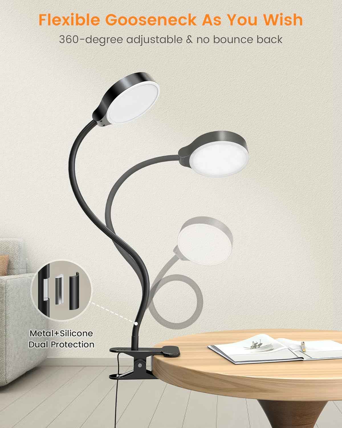 Glocusent Clip on Desk Light – 6000K Natural Daylight Mode for Crafting, Knitting, Sewing, and Detailed Hobby Work