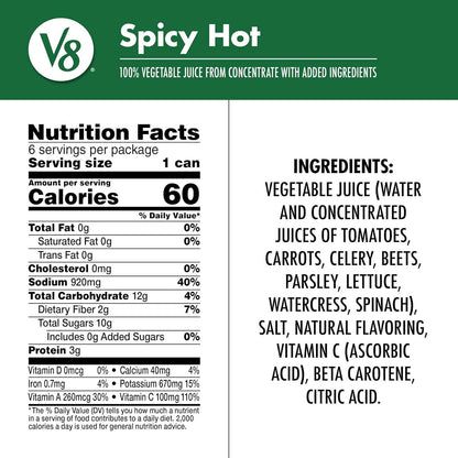 V8 Spicy Hot 100% Vegetable Juice – Clean-Label Vegetable Ritual for Bath Time and Self-Care Sundays, 24 Pack