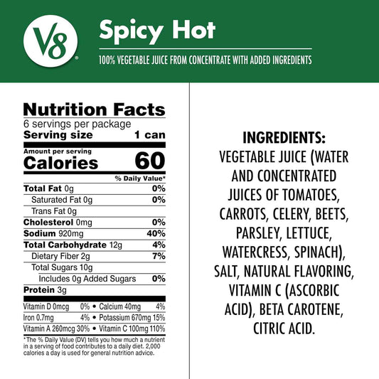 V8 Spicy Hot 100% Vegetable Juice – Clean-Label Vegetable Ritual for Bath Time and Self-Care Sundays, 24 Pack