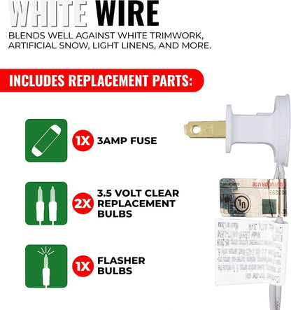 612 Vermont White Wire 20-Bulb String Lights with Spare Fuse – Flameless Warm Glow for Bedrooms, Dorm Rooms, and Nursery Shelves