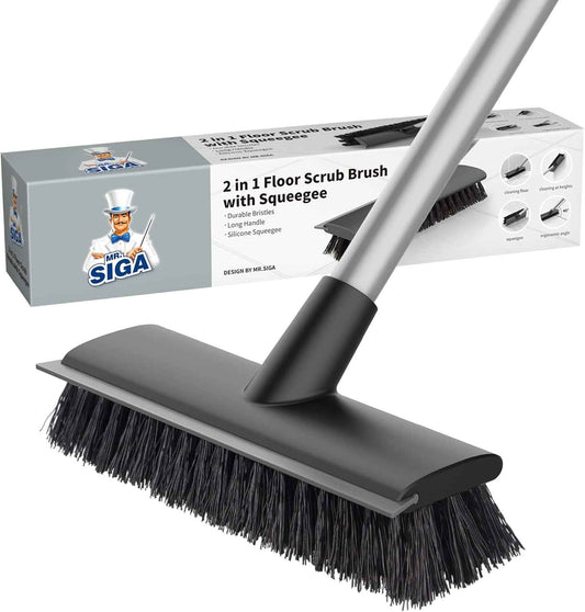 MR.SIGA 2-in-1 Scrub and Squeegee Brush with Long Handle for Back-Saving Bathroom Floor Care