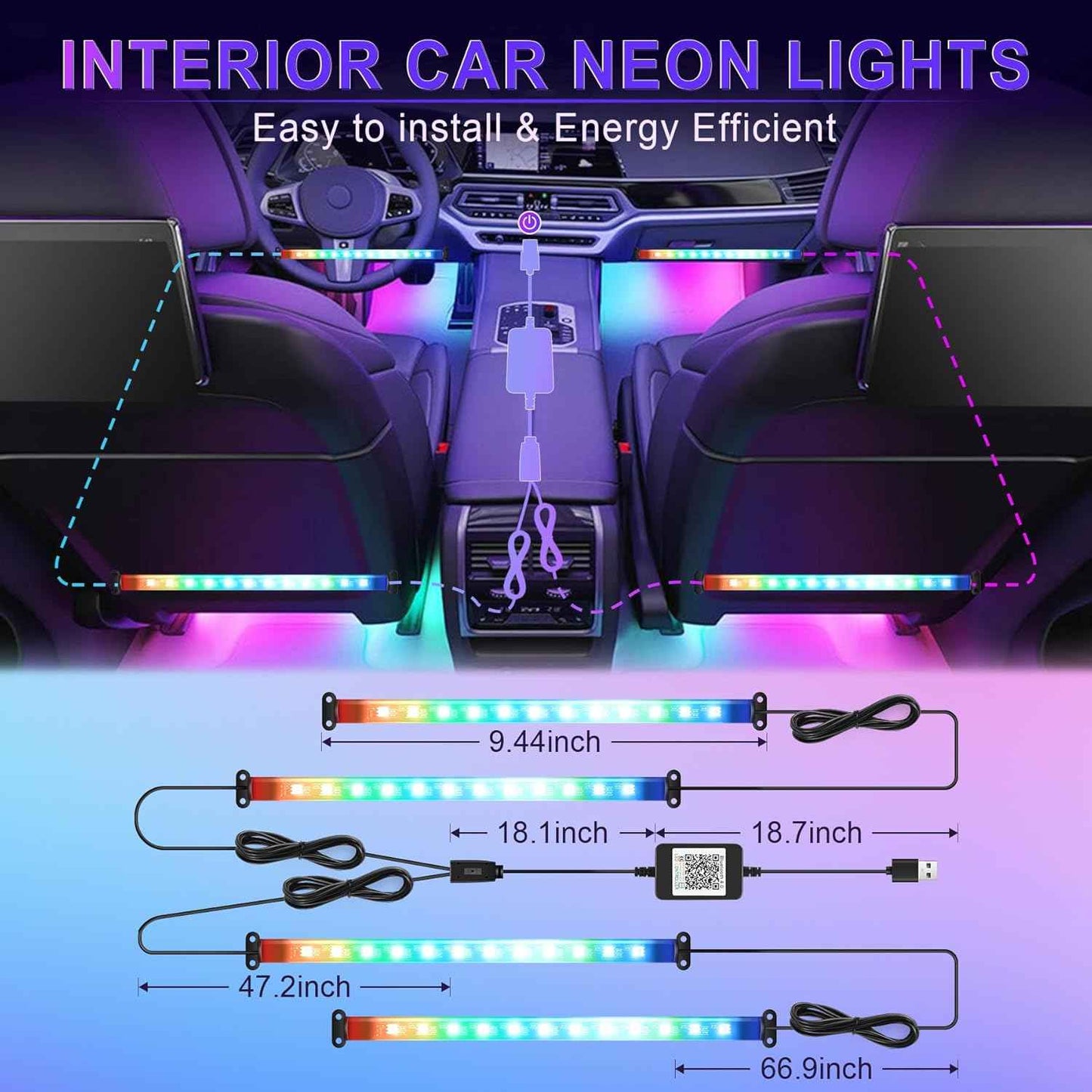 LivTee Car Interior Lights – Christmas Gift for Him, App-Controlled RGB LED Strip Kit with Music Sync